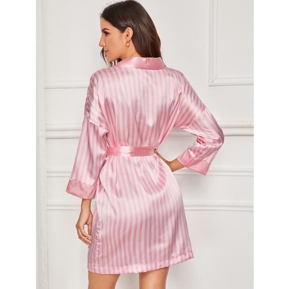 Satin Belted Short Robe in Pink & White Stripes - Picture 4 of 6